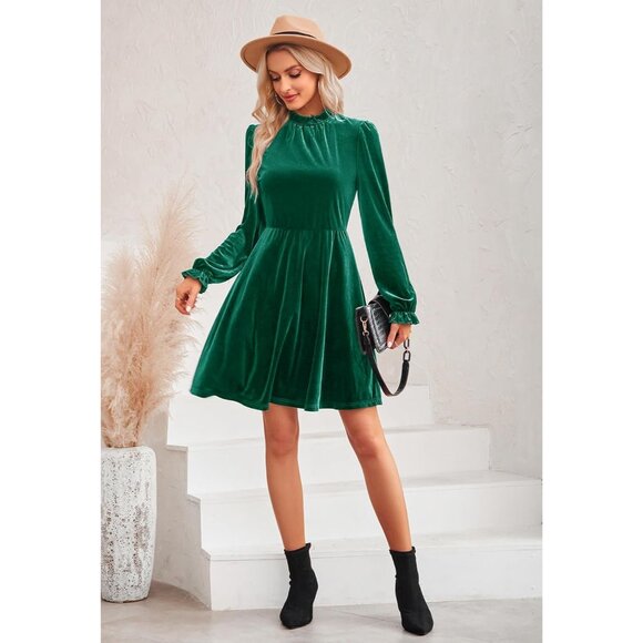 2023 Casual Velvet Dress for Women - Puff Sleeve, A-Line, and Machine Washable - Picture 3 of 6